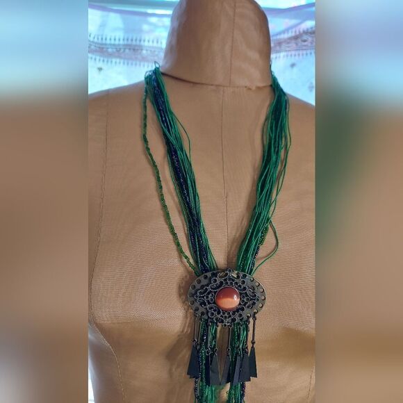 Vintage Handmade Statement Necklace Long Tassel  Glass Beads Bolo Necklace - Picture 4 of 8